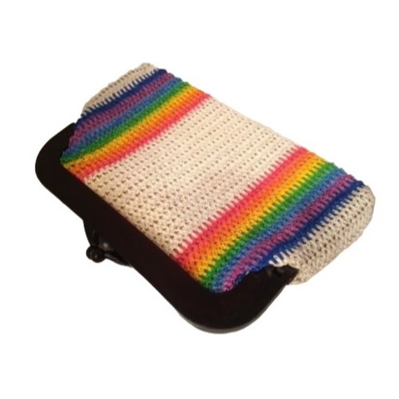 MCI Rainbow Clutch Vintage Bag white raffia Plastic Frame Handle Retro Original - Picture 2 of 5